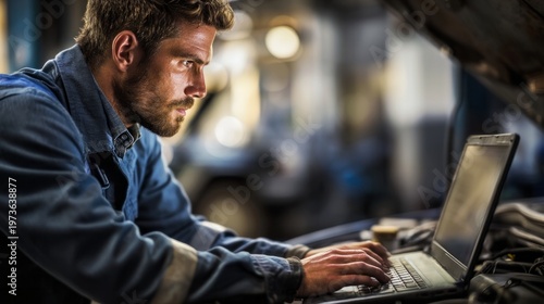 Mechanic intently typing on a laptop, analyzing vehicle data in an auto repair workshop. Demonstrating modern diagnostic technology