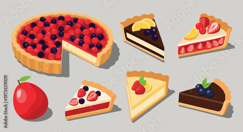 Assorted slices of colorful fruit tarts and cheesecakes along with a whole berry pie and a red apple on a neutral gray background for a food menu.