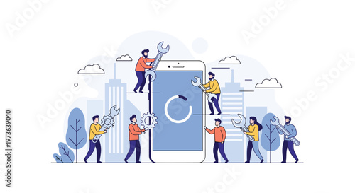 Team of tiny workers using tools like wrenches and gears to repair or upgrade a giant smartphone with a loading circle on its screen in a city.