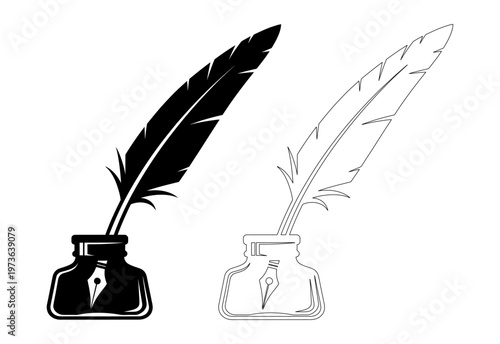 A pair of black and white vector illustrations featuring a classic quill pen inside an inkwell