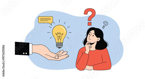 Puzzled woman with question marks looking at a hand offering a glowing light bulb as a symbol of providing a creative solution or a new idea.