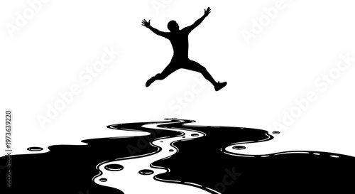 Silhouette of a person leaping over a winding path.