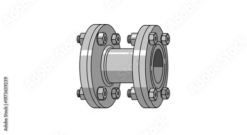 A sturdy industrial pipe flange connection featuring multiple tightened bolts and nuts sits in a neutral environment with a monochromatic metallic finish.