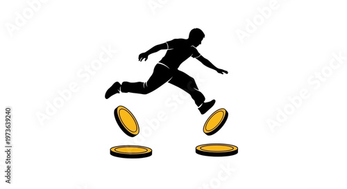 Silhouette of a person leaping over gold coins symbolizing financial hurdles.