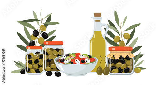 Composition of Mediterranean food items featuring jars of olives, a glass bottle of olive oil, olive branches, and a bowl of fresh Greek salad.