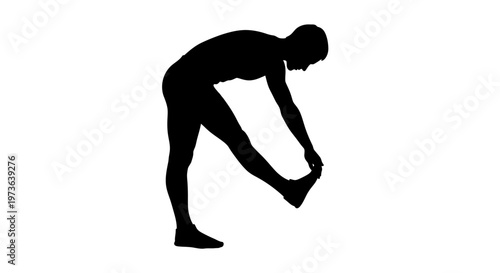 Silhouette of a person stretching their leg and touching their foot.