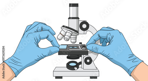 Two hands wearing protective blue nitrile gloves meticulously adjust a thin glass slide onto the stage of a laboratory microscope in a clean environment.