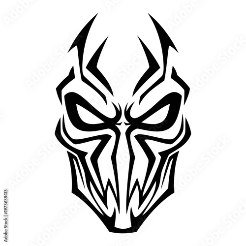 A black and white illustration of a tribal mask with sharp lines