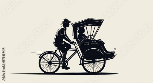 Silhouette of a traditional rickshaw with a driver and passenger.