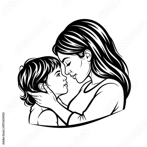 A mother tenderly kissing her young child on the cheek