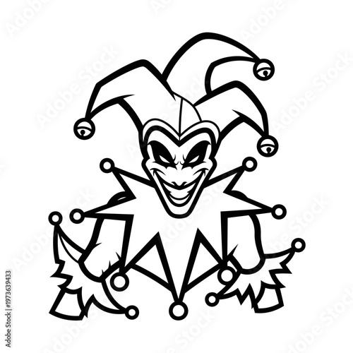 A cartoon illustration of a jester's head and shoulders in black and white