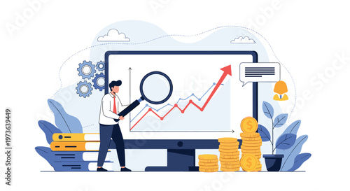 Financial analyst using a magnifying glass to examine a growing business chart on a large computer screen with money and gears in the background.