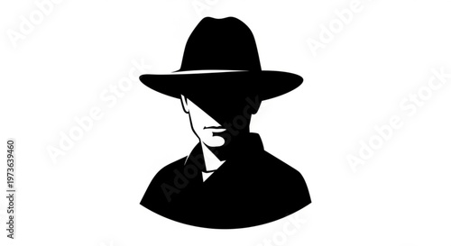 Mysterious man in black silhouette wearing a hat on white background anonymous figure in shadow