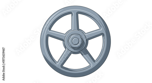 A circular industrial handwheel featuring five sturdy spokes and a central hexagonal nut sits in a bright environment with a clean metallic grey finish.