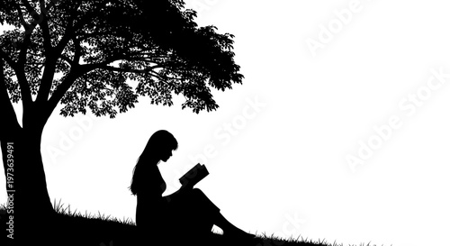 Silhouette of a woman reading a book under a tree.