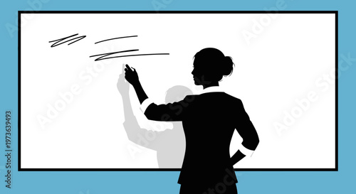Silhouette of a woman writing on a whiteboard during a presentation.