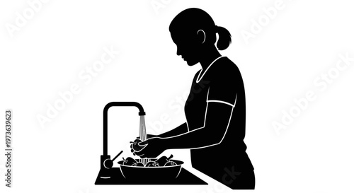 Silhouette of woman washing vegetables in kitchen sink.