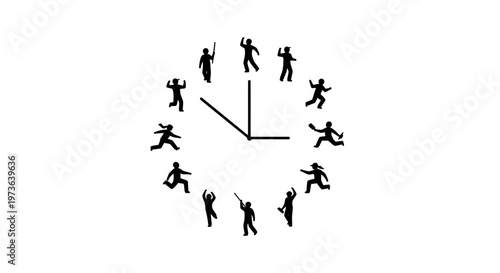 Silhouettes of people forming a clock face symbolizing time and human activity.
