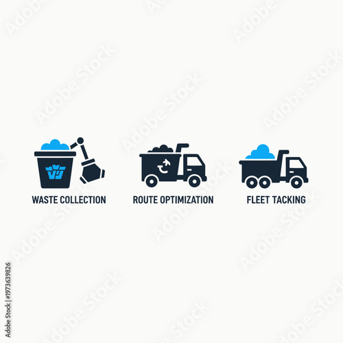 Waste collection, recycling logistics, and fleet tracking icons for environmental management
