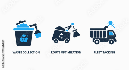 Waste collection, recycling logistics, and fleet tracking icons for environmental management