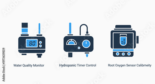 Water quality monitor, hydroponic timer control, dissolved oxygen sensor calibration device icons