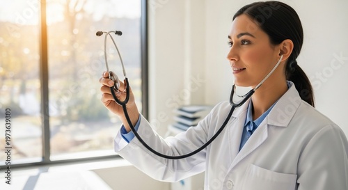 Thoughtful Female Doctor Holding Stethoscope Near Window in Clinic