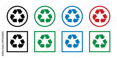 A set of recycling symbols arranged in rows, featuring the universal mobius loop icon enclosed in circles and squares of various colors.