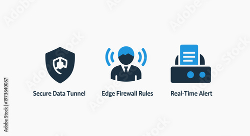 Cybersecurity icons: secure data tunnel, firewall, and alert, real time