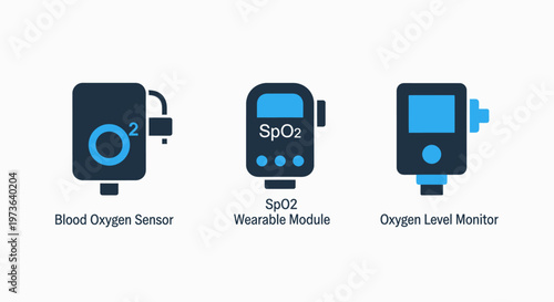 Medical health monitoring device icons: blood oxygen sensor, sp o2 wearable module, and oxygen level monitor