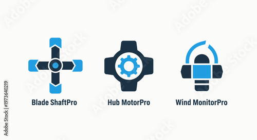 Industrial energy and mechanical system icons: blade shaft pro, hub motor pro, and wind monitor pro