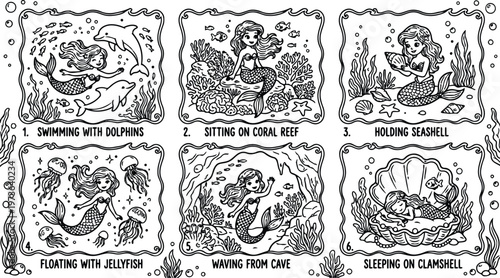 Black and white line art of mermaids swimming with dolphins floating with jellyfish and holding seashell waving from cave and sleeping on clamshell underwater scene collection