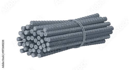 A dense bundle of ribbed steel rebar is tightly secured with a wire loop and presented on a plain white background with a clean and professional look.
