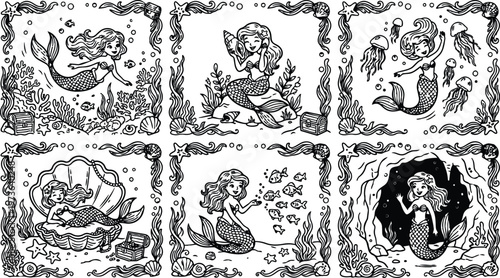 Black and white line art mermaid vector illustrations with underwater scenes coral reef treasures seashells and sea creatures in playful detailed frames