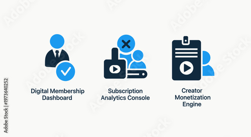 Digital membership dashboard, subscription analytics console, and creator monetization engine concept icons