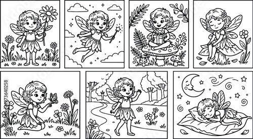 Cute little fairy girl holding flower flying with magic wand sitting on mushroom with gift box resting on leaf with closed eyes interacting with butterfly walking on forest path black line art vector