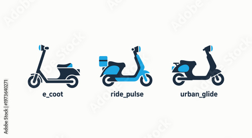 Three blue urban electric scooters for personal transport, city commuting, and short-distance travel