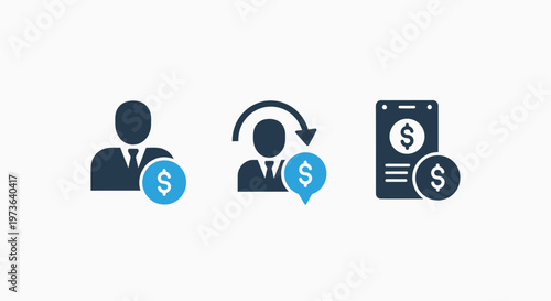 Financial transaction, recurring payment, and mobile banking icons for business and personal finance management