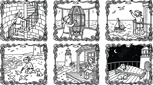 Black and white line art vector set showing a young girl climbing spiral stairs cleaning lighthouse lamp waving on balcony feeding seagulls and sleeping at night with dog