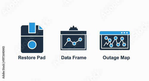 Restore pad, data frame, and outage map icons representing business operations