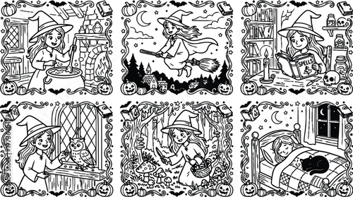 Black and white line art coloring pages featuring young witch making potion flying on broomstick reading spells with owl and cat in cozy magical halloween scenes