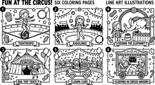 Black and white line art circus themed coloring pages featuring girl tightrope walking juggling feeding elephant clown car big top tent and sleeping in circus wagon illustrations for children