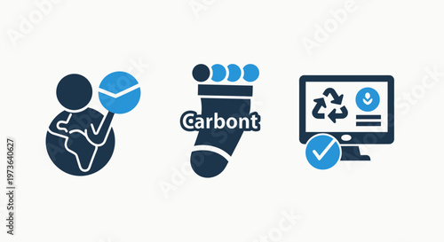 Environmental sustainability icons including global impact, carbon footprint, and electronic waste recycling for eco-friendly initiatives