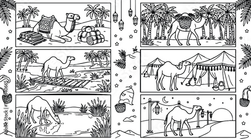 Detailed black and white vector art showing camels sitting standing and drinking water near desert oasis with palms tents and lanterns in night and day desert scenery