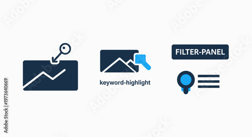 Digital interface icons for data analysis, keyword highlighting, and filter panel functionality