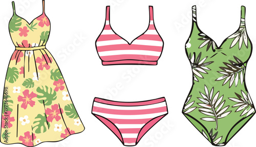 Cute Summer Beach Clothing Set Dress Bikini Swimsuit Tropical Vector Illustration