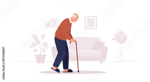 Elderly Man Walking with Cane in Living Room, Senior Lifestyle and Healthcare Concept