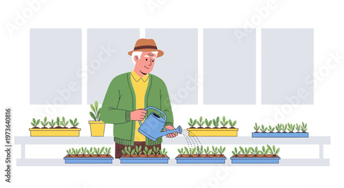 Elderly man watering plants in a greenhouse, gardening hobby, healthy lifestyle