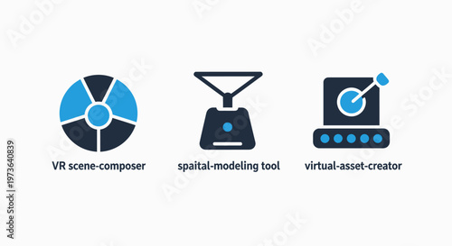 Set of virtual reality development icons featuring vr scene composer spatial modeling tool and virtual world creator for immersive technology software design