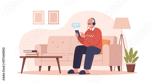 Elderly man with headphones using smartphone on sofa at home, enjoying technology