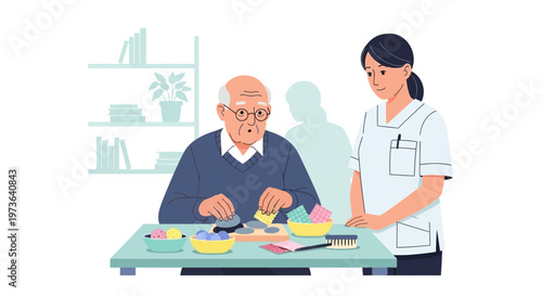 Elderly man with dementia doing therapy with caregiver, cognitive stimulation activity